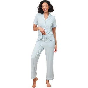 image:imageWiWi Pajamas for Women Bamboo Viscose Soft Ribbed Sleepwear Button Down Top and Pants 2 Piece Loungewear SXXLBlight Blue