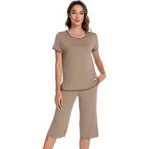 image:imageWiWi Pajamas for Women Soft Knit Capri Pants Pajama Sets Summer Pjs Sleepwear Comfy Lounge Set Viscose from Bamboo SXXLAcamel