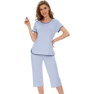 image:imageWiWi Pajamas for Women Soft Knit Capri Pants Pajama Sets Summer Pjs Sleepwear Comfy Lounge Set Viscose from Bamboo SXXLAlight Blue