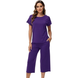 image:imageWiWi Pajamas for Women Soft Knit Capri Pants Pajama Sets Summer Pjs Sleepwear Comfy Lounge Set Viscose from Bamboo SXXLBdark Purple