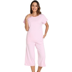 image:imageWiWi Pajamas for Women Soft Knit Capri Pants Pajama Sets Summer Pjs Sleepwear Comfy Lounge Set Viscose from Bamboo SXXLBpink