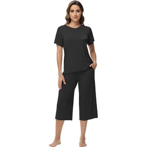 image:imageWiWi Pajamas for Women Soft Knit Capri Pants Pajama Sets Summer Pjs Sleepwear Comfy Lounge Set Viscose from Bamboo SXXLCblack