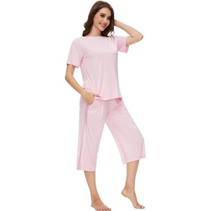 image:imageWiWi Pajamas for Women Soft Knit Capri Pants Pajama Sets Summer Pjs Sleepwear Comfy Lounge Set Viscose from Bamboo SXXLCpink