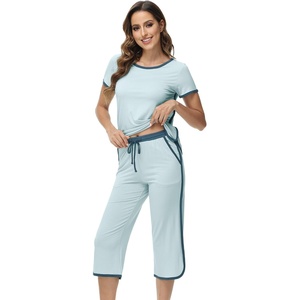 image:imageWiWi Pajamas for Women Soft Knit Capri Pants Pajama Sets Summer Pjs Sleepwear Comfy Lounge Set Viscose from Bamboo SXXLDmist Green