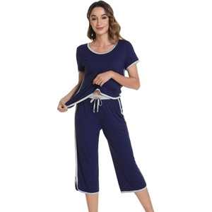 image:imageWiWi Pajamas for Women Soft Knit Capri Pants Pajama Sets Summer Pjs Sleepwear Comfy Lounge Set Viscose from Bamboo SXXLDnavy