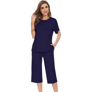 image:imageWiWi Pajamas for Women Soft Knit Capri Pants Pajama Sets Summer Pjs Sleepwear Comfy Lounge Set Viscose from Bamboo SXXLEnavy