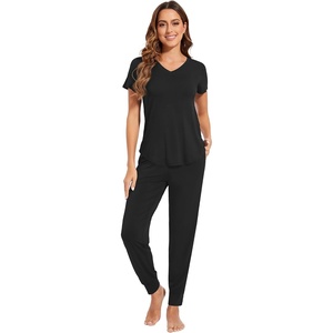 image:imageWiWi Pajamas for Women Soft Pajama Sets Short Sleeve Tops with Jogger Pants Viscose from Bamboo Pjs SXXLAblack