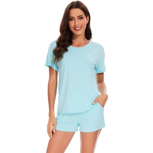 image:imageWiWi Pajamas for Women Super Soft Short Sleeve Top with Shorts Pajama Set Crewneck Summer Cooling Sleepwear Sets SXXLAaqua