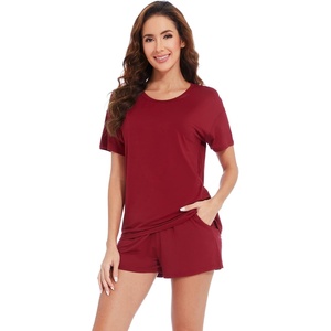image:imageWiWi Pajamas for Women Super Soft Short Sleeve Top with Shorts Pajama Set Crewneck Summer Cooling Sleepwear Sets SXXLAwine Red