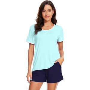 image:imageWiWi Pajamas for Women Super Soft Short Sleeve Top with Shorts Pajama Set Crewneck Summer Cooling Sleepwear Sets SXXLBaqua