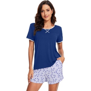 image:imageWiWi Pajamas for Women Super Soft Short Sleeve Top with Shorts Pajama Set Crewneck Summer Cooling Sleepwear Sets SXXLBblue Depth