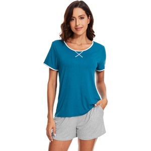 image:imageWiWi Pajamas for Women Super Soft Short Sleeve Top with Shorts Pajama Set Crewneck Summer Cooling Sleepwear Sets SXXLBteal Blue