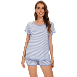 image:imageWiWi Pajamas for Women Super Soft Short Sleeve Top with Shorts Pajama Set Crewneck Summer Cooling Sleepwear Sets SXXLCblue Stripe