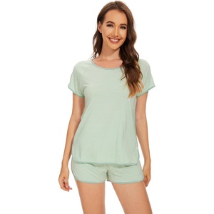 image:imageWiWi Pajamas for Women Super Soft Short Sleeve Top with Shorts Pajama Set Crewneck Summer Cooling Sleepwear Sets SXXLCgreen Stripe