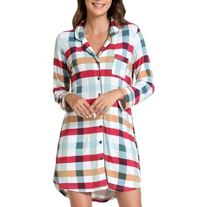 image:imageWiWi Soft Cooling Nightgowns for Women Bamboo Viscose Long Sleeve Sleep Shirt Button Down Sleepwear Boyfriend Gown SXXLAgreen Plaid