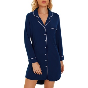 image:imageWiWi Soft Cooling Nightgowns for Women Bamboo Viscose Long Sleeve Sleep Shirt Button Down Sleepwear Boyfriend Gown SXXLAnavy