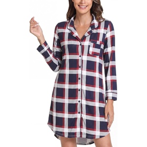 image:imageWiWi Soft Cooling Nightgowns for Women Bamboo Viscose Long Sleeve Sleep Shirt Button Down Sleepwear Boyfriend Gown SXXLAnavyRed Stripe Plaid