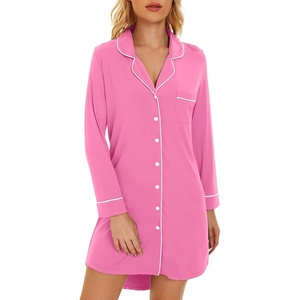 image:imageWiWi Soft Cooling Nightgowns for Women Bamboo Viscose Long Sleeve Sleep Shirt Button Down Sleepwear Boyfriend Gown SXXLAraspberry Pink