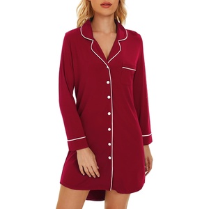 image:imageWiWi Soft Cooling Nightgowns for Women Bamboo Viscose Long Sleeve Sleep Shirt Button Down Sleepwear Boyfriend Gown SXXLAwine Red