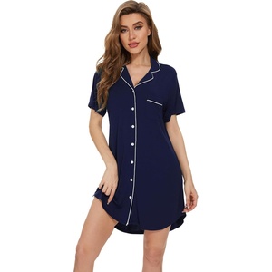 image:imageWiWi Soft Cooling Nightgowns for Women Bamboo Viscose Long Sleeve Sleep Shirt Button Down Sleepwear Boyfriend Gown SXXLBnavy