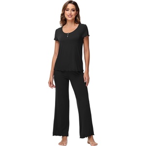 image:imageWiWi Soft Pajama Set for Women Short Sleeve Viscose from Bamboo Sleepwear Lightweight Loose Pajamas Pjs Sets SXXLCblack
