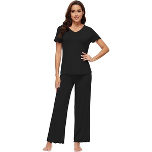 image:imageWiWi Soft Pajama Set for Women Short Sleeve Viscose from Bamboo Sleepwear Lightweight Loose Pajamas Pjs Sets SXXLFblack