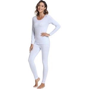 image:imageWiWi Soft Underwear for Women Thermal Long Johns Sets Super Warm Base Layer Top Pants Pajamas Set Viscose from Bamboo S3XAlight Blue Stripe