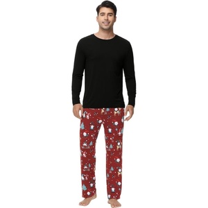 image:imageWiWi Super Soft Cooling Pajamas for Men Viscose Bamboo Long Sleeve Pj Set Crew Neck Loungewear with Pockets SXXLAblackchristmas Elk on Red