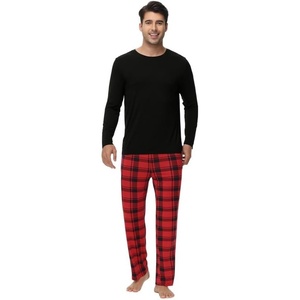 image:imageWiWi Super Soft Cooling Pajamas for Men Viscose Bamboo Long Sleeve Pj Set Crew Neck Loungewear with Pockets SXXLAblackred Plaid