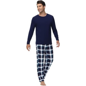 image:imageWiWi Super Soft Cooling Pajamas for Men Viscose Bamboo Long Sleeve Pj Set Crew Neck Loungewear with Pockets SXXLAnavynavyGreen Stripe Plaid