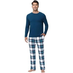 image:imageWiWi Super Soft Cooling Pajamas for Men Viscose Bamboo Long Sleeve Pj Set Crew Neck Loungewear with Pockets SXXLApeacock BluenavyGreen Plaid