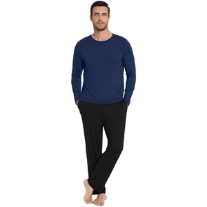 image:imageWiWi Super Soft Cooling Pajamas for Men Viscose Bamboo Long Sleeve Pj Set Crew Neck Loungewear with Pockets SXXLCdark Blueblack