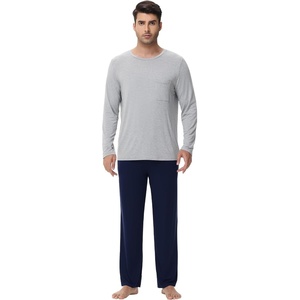 image:imageWiWi Super Soft Cooling Pajamas for Men Viscose Bamboo Long Sleeve Pj Set Crew Neck Loungewear with Pockets SXXLClight Heather Greynavy