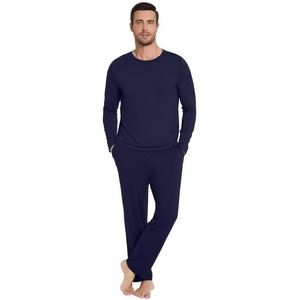 image:imageWiWi Super Soft Cooling Pajamas for Men Viscose Bamboo Long Sleeve Pj Set Crew Neck Loungewear with Pockets SXXLCnavy