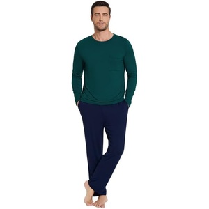 image:imageWiWi Super Soft Cooling Pajamas for Men Viscose Bamboo Long Sleeve Pj Set Crew Neck Loungewear with Pockets SXXLCpeacock Greennavy