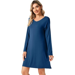 image:imageWiWi Viscose from Bamboo Nightgowns for Women Long Sleeve Sleep Shirts Soft Sleepwear Pajamas Nightshirts SXXLAink Blue