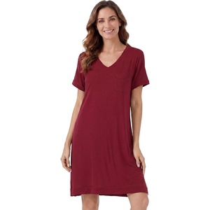 image:imageWiWi Viscose from Bamboo Nightgowns for Women Short Sleeve Sleep Shirt V Neck Nightgown Plus Size Sleepwear S4XAwine Red