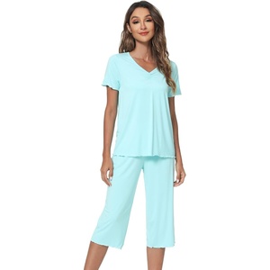image:imageWiWi Viscose from Bamboo Pajamas Set for Women Summer Sleepwear Pjs Comfy Short Sleeve Tops Capri Pants Sets SXXLAaqua