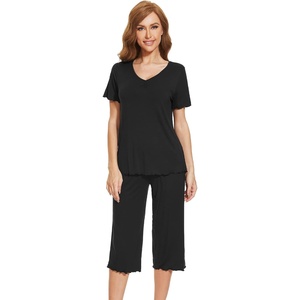 image:imageWiWi Viscose from Bamboo Pajamas Set for Women Summer Sleepwear Pjs Comfy Short Sleeve Tops Capri Pants Sets SXXLAblack