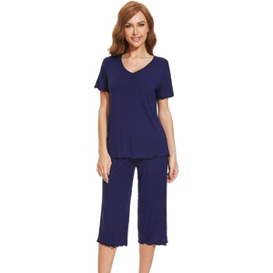image:imageWiWi Viscose from Bamboo Pajamas Set for Women Summer Sleepwear Pjs Comfy Short Sleeve Tops Capri Pants Sets SXXLAnavy