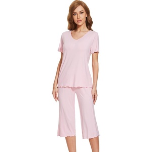 image:imageWiWi Viscose from Bamboo Pajamas Set for Women Summer Sleepwear Pjs Comfy Short Sleeve Tops Capri Pants Sets SXXLApink