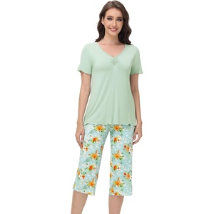 image:imageWiWi Viscose from Bamboo Pajamas Set for Women Summer Sleepwear Pjs Comfy Short Sleeve Tops Capri Pants Sets SXXLAsage GreenDark Teal Florals