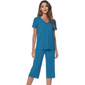 image:imageWiWi Viscose from Bamboo Pajamas Set for Women Summer Sleepwear Pjs Comfy Short Sleeve Tops Capri Pants Sets SXXLAteal Blue