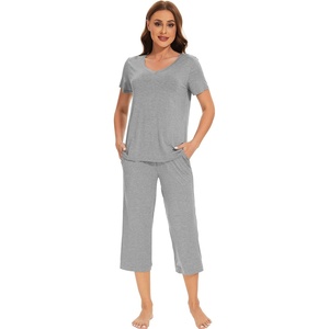 image:imageWiWi Viscose from Bamboo Pajamas Set for Women Summer Sleepwear Pjs Comfy Short Sleeve Tops Capri Pants Sets SXXLCheather Grey