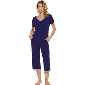 image:imageWiWi Viscose from Bamboo Pajamas Set for Women Summer Sleepwear Pjs Comfy Short Sleeve Tops Capri Pants Sets SXXLCnavy