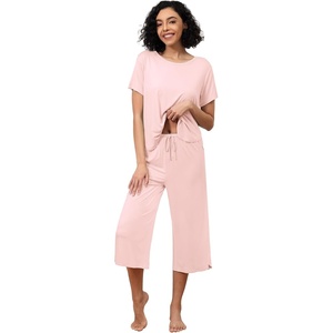 image:imageWiWi Viscose from Bamboo Pajamas Set for Women Summer Sleepwear Pjs Comfy Short Sleeve Tops Capri Pants Sets SXXLDcream Pink