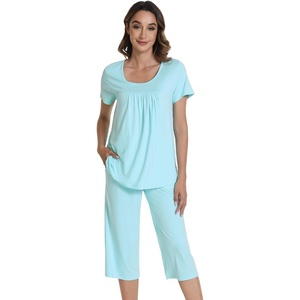 image:imageWiWi Viscose from Bamboo Pajamas Set for Women Summer Sleepwear Pjs Comfy Short Sleeve Tops Capri Pants Sets SXXLEaqua