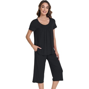 image:imageWiWi Viscose from Bamboo Pajamas Set for Women Summer Sleepwear Pjs Comfy Short Sleeve Tops Capri Pants Sets SXXLEblack