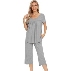 image:imageWiWi Viscose from Bamboo Pajamas Set for Women Summer Sleepwear Pjs Comfy Short Sleeve Tops Capri Pants Sets SXXLEheather Grey