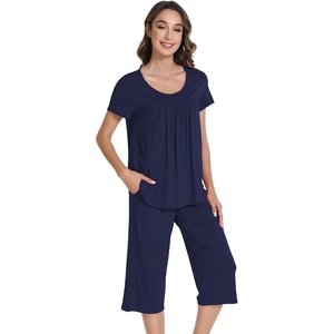 image:imageWiWi Viscose from Bamboo Pajamas Set for Women Summer Sleepwear Pjs Comfy Short Sleeve Tops Capri Pants Sets SXXLEnavy